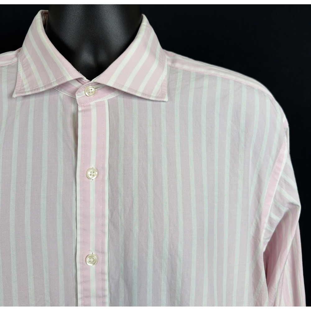T.M.Lewin Dress Shirt Men 17 36 Pink Stripe French Cuff Button Down Long Sleeve